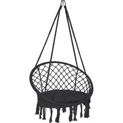 Vounot – Fauteuil suspendu en coton polyester avec coussin – Charge max 120kg – Dimensions 80x62x155cm – Design bohème à franges – Confort optimal