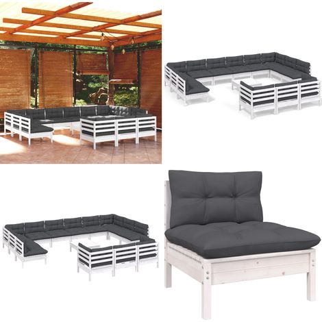 Salon de jardin 14 pcs avec coussins blanc bois de pin - Ensemble Salon De Jardin - Mobilier De Jardin - Salon De Patio - Meubles De Jardin - Chaise Longue - Home & Living (1/5)