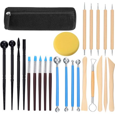 Ensemble de 25 outils de sculpture sur argile, comprenant des outils à pointe de stylo à bille et des outils en céramique, avec sac de rangement convient pour sculpter, gaufrer et modeler. (1/5)