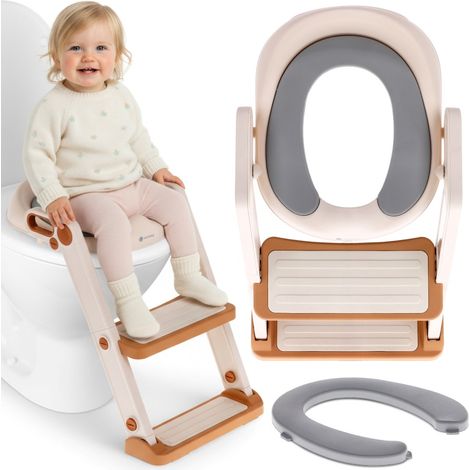 Copriwater per WC per bambini, con scaletta, sedile morbido e poggiapiedi, colore oro bianco, Sun Baby