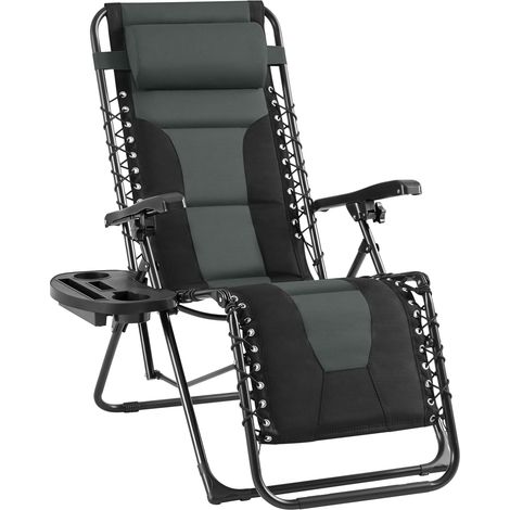 Homevive Silla de Gravedad Cero Acolchada Tumbona Plegable de Playa con Reposacabezas Portavasos para Jardín Patio Negro/Gris