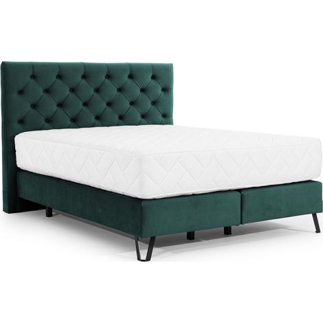 Lit continental capitonné tissu vert Pozza avec matelas 30cm en latex et pied métal noir-160x200 (1/5)