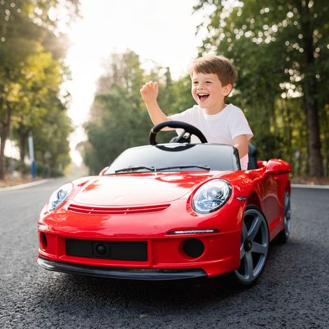 Voiture électrique RUF GT sous licence officielle pour enfants de 3 à 5 ans, avec télécommande, ceinture de sécurité et musique, rouge. (1/5)