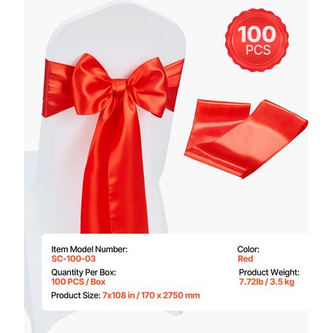 VEVOR Satin Chair Sashes Bows, 100PCS Chair Ribbon Ties Back Sash, 7 x 108 inch, Red Wedding Reception Decoration, for Wedding Ceremony Baby Shower Party Events Banquet Chair Cover Decoration (1/4)