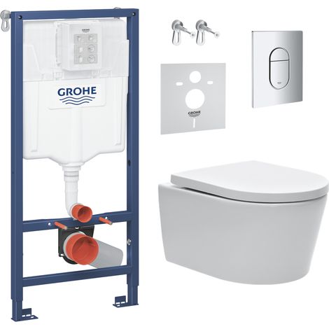 Grohe – Pack WC bâti support 113cm ARENASAT – Cuvette sans bride avec fixations invisibles – Abattant softclose – Plaque chrome