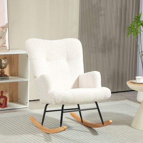 Fauteuil à bascule en cuir de mouton, fauteuil d'allaitement avec dossier capitonné et piètement en bois, 65 x 88 x 87 cm, crème (1/4)