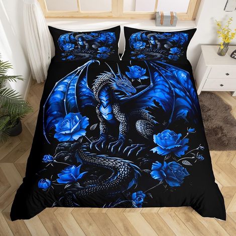 Blue Pink Dragon Duvet Cover 220 x 240 cm Grey Black Dragon Teenagers Women Bedding Set for Children Boys Girls Flower Decor Bedding Set Romantic Bedding Set 3-Piece (1/5)