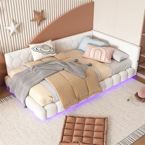 Fortuna Lai – Lit 140x200cm avec éclairage LED 16 couleurs – Port USB – Structure en MDF et peluche – Sommier à lattes – Capacité 200kg (1/5)