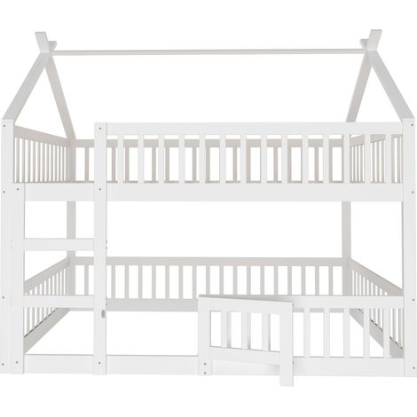 Lit superposé enfant 140x200, lit mezzanine avec escalier et toit, cadre en bois massif, lit cabane blanc avec barrière de sécurité. (1/5)