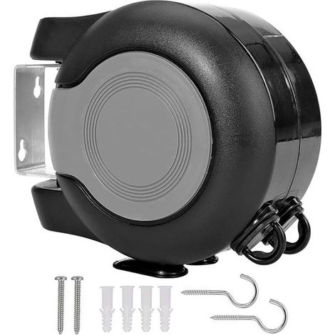 Étendoir à linge extensible noir - Corde à linge extensible 2 x 15 mètres - Avec système d'enrouleur et tension automatique - Pour une utilisation intérieure et extérieure - Convient aux appartements 
