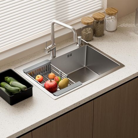 STANEW Fregadero Cocina un Seno 55x45cm, Acero Inoxidable, Instalación Superior o Inferior, Escurridor Telescópico, Dosificador de Jabón, Filtro Desagüe(Plateado)