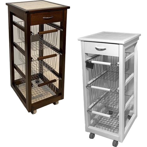 Carrello slim cucina legno portafrutta stretto 3cestini cassetto ripiano mattonelle salvaspazio ciliegio-naturale-bianco-noce - colorigenerali: CILIEGIO (1/5)