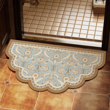 Tapis de bain en diatomite 50×80 cm, motif cachemire vintage bleu clair, bord festonné ondulé, absorbant, antidérapant, lavable à la main (1/4)
