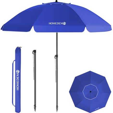 HOMEDEMO Parasol Plage Inclinable avec Revêtement Argenté, Protection Solaire UV50+, avec Pied d'Ancrage à Visser & Housse de Protection, pour Terrasse, Piscine, Marché, 200cm, Bleu