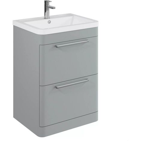 Balterley Contemporary Bathroom Floor Standing Vanity with 2 Soft Close Drawers & 1 Tap Hole Polymarble Basin, Satin Grey, 600mm