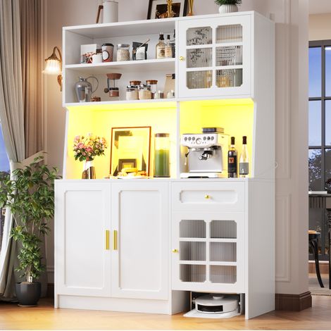 MODFU – Mobile cucina 130x45x180 cm in MDF bianco con LED app, ante in vetro e spazio per robot aspirapolvere – Bianco (1/5)