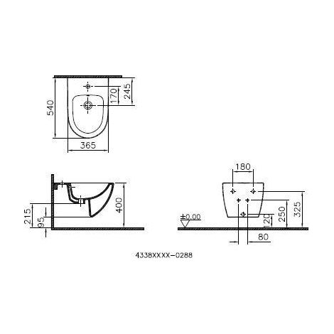 VT Wand-Bidet Sento m. verd. Bef. 365x540mm, 1 Hl. mittig, m. Ül., weiß (1/2)