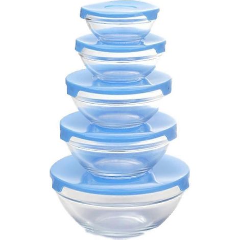 Ensemble de bols en verre bleu ciel avec couvercle en PP, usage cuisine, résistant à la chaleur, 5 tailles différentes. (1/2)