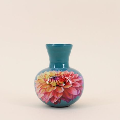 Vase en métal laqué turquoise fleuri, H13cm