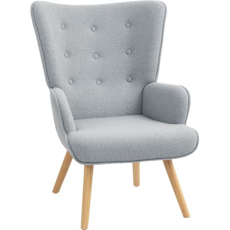 Fauteuil de salon en tissu bouclette, fauteuil capitonné et rembourré avec pieds en bois, 71 x 74 x 96 cm, gris clair (1/5)