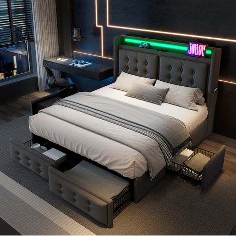 Lit double rembourré 180x200 cm gris avec LED, USB-C, 4 tiroirs, cadre bois et métal (1/5)