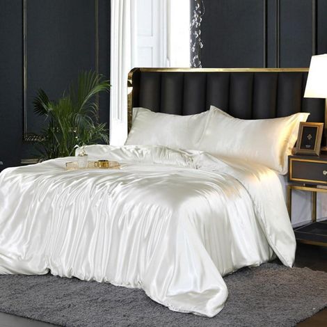 Bettwäsche 200x200 Satin Glänzend Weiß Beige Creme mit Reißverschluss