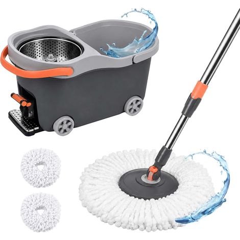 Relaxdays Wischmopp Set, 16 l Eimer & Schleuder, Wischwagen mit Pedal, HBT: 29,5x30x50 cm, 2x Mikrofaser-Moppköpfe, grau (1/5)