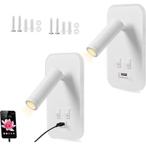 Liseuse de Chevet, 2PCS Applique Murale LED avec Interrupteur et Port de Charge USB, 3W Fixation Murale Spot Rotatif, Lumières Mural Lit Noir Lampe Murale Couloir Hotel (1/5)