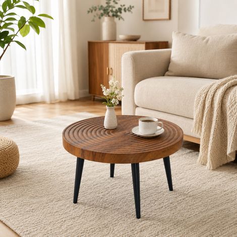Table basse ronde – Plateau effet noyer rainuré relief – Pieds métal fuselés Noir – 60 cm de diamètre – Style rustique – Élégance contemporaine pour salon (1/5)
