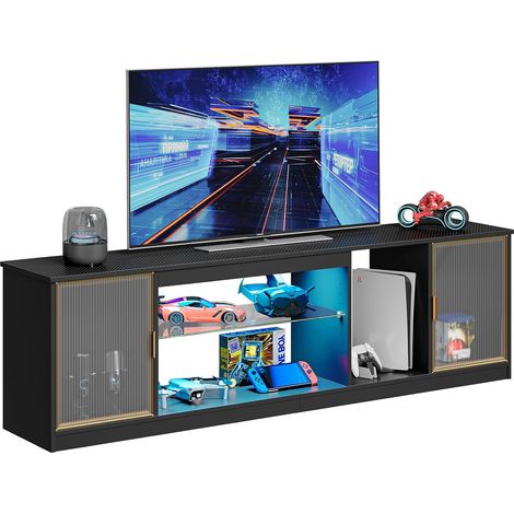 Meuble TV Moderne pour téléviseurs 75/80 Pouces,Centre multimédia LED avec Portes acryliques et étagère en Verre réglable,Console multimédia 70” pour Salon,Fibre Carbone Noire (1/5)