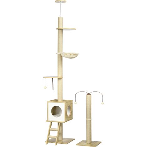 Arbre à chat du sol au plafond réglable 225-285 cm, poteau à griffer 4 étages, cabane, hamac, échelle, jouets, beige (1/5)