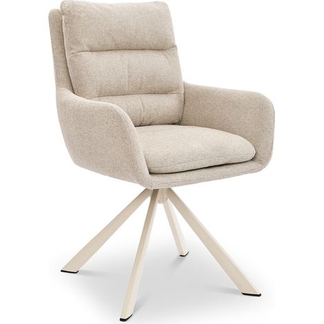 Bon Furni Chaise 360° Pivotante Tissu Effet Lin Beige Pieds Blancs, Lot de 1