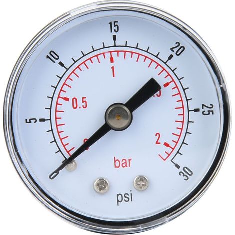 Manomètre mécanique pour air, huile et eau, connexion arrière BSPT 1/8" (0-30 psi 0-2 bar) (1/5)