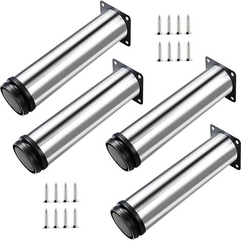 4X Furniture Legs, Adjustable Furniture Legs - Chrome Metal - Adjustable Height (Total: 250mm)