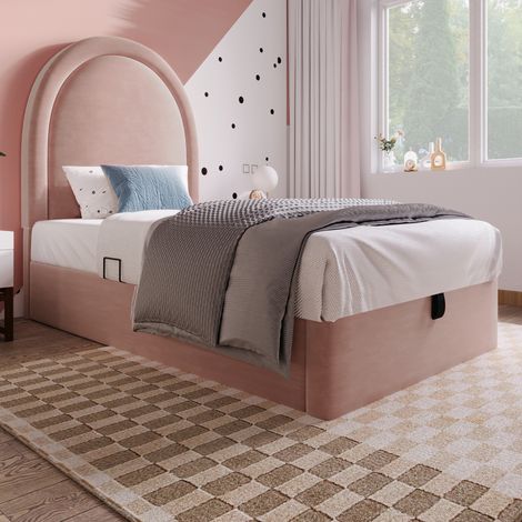 Bett mit Stauraum Samt Rosa 90x190 cm, Polsterbett mit hydraulischem Lattenrost (1/5)