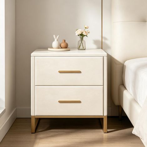 Table de chevet – Double tiroir de rangement – Rembourrée – Velours beige – Style minimaliste (1/5)