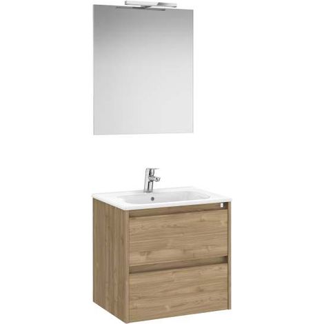 MUEBLE LAVABO 600MM TENET 2 CAJONES + ESPEJO Y APLIQUE LED NOGAL