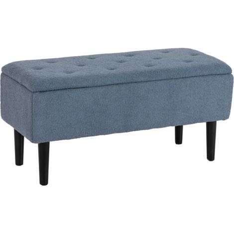 Banquette capitonnée avec coffre de rangement, aspect cachemire, jusqu'à 120 kg, structure en bois naturel, 95 x 38 x 45 cm, bleu (1/4)
