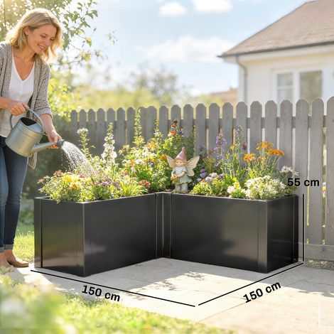 Carré de jardin surélevé en forme de L, résistant aux intempéries, en acier galvanisé, 150 x 150 x 55 cm, noir (1/5)