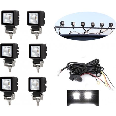 6er-Set LED-Halogenlampen mit Verkabelung, weißes Flutlicht + weißes Tagfahrlicht (DRL), 12V–24V für Off‑Road/4×4/SUV/Jeep