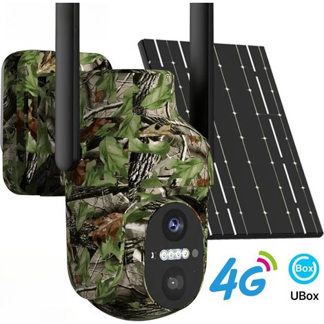 Caméra de Surveillance Extérieure 4G Solaire avec Carte SIM, Sans Carte Micro SD, Détection PIR, Vision Nocturne HD, Caméra Sans Fil Étanche, Application UBox, Camouflage (1/5)