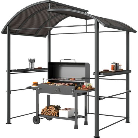 Tonnelle Barbecue avec Toit et 2 Étagères, Métal PC, 240x150x230cm, Gris Foncé