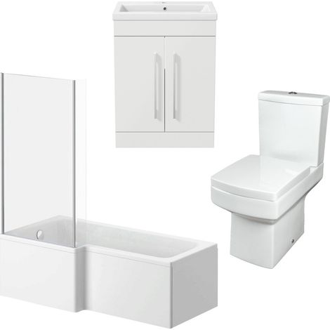 Bathroom Suite Vanity Unit Basin L Shape Bath With Square Toilet WC White LH (1/5)