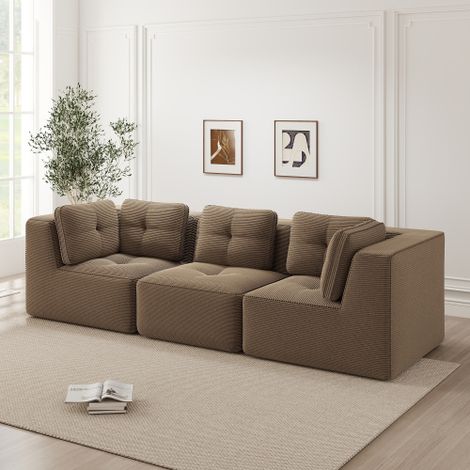 Rahmenloses Sektionssofa, modulares Ecksofa, bequemes Cordsofa, Dreisitzer-Sofa mit tiefer Sitzfläche für das Wohnzimmer, kein Aufbau erforderlich,,braun 
WL