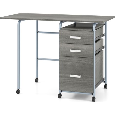 COSTWAY Folding Computer Desk Wheeled Home Office Furniture with 3 Drawers-Grey (1/5)