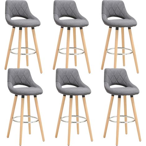Woltu – Lot de 6 tabourets de bar – En lin et bois massif – Dossier ergonomique – Hauteur 91cm – Repose-pieds – Gris foncé (1/4)
