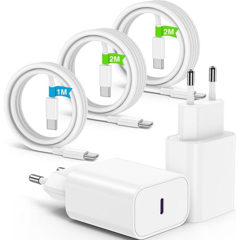 20W Chargeur Rapide USB C pour 18 17 16 15 Pro max/18 17 16 15 Pro/17e/17 Air/17 Pro/16e/16 15 Plus/iPad,2Pack Type C Prise Adaptateur Secteur avec Câble USBC 1M+2M+2M-Blanc (1/5)