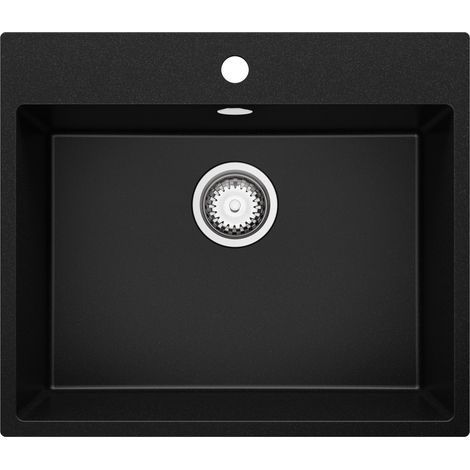 PRIMAGRAN Evier Cuisine en Granit 58x50cm, Lavabo 1 bac + Kit de Vidage, Évier à Encastrer au meuble 60cm - Riga, Noir (1/5)