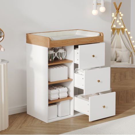 Commode à langer 82x50x100 cm en MDF blanc, 2-en-1 avec rangement pour chambre d’enfant – MEUBLIV (1/5)