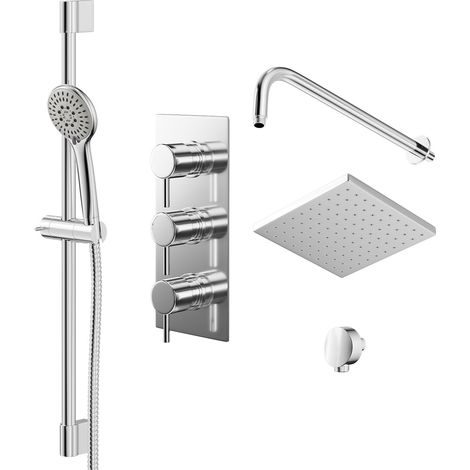 Wholesale Domestic Circo Polished Chrome Triple Thermostatic Valve Mixer Shower with Square Fixed Head and Avon Shower Slide Rail Kit - 2 Outlet (1/5)